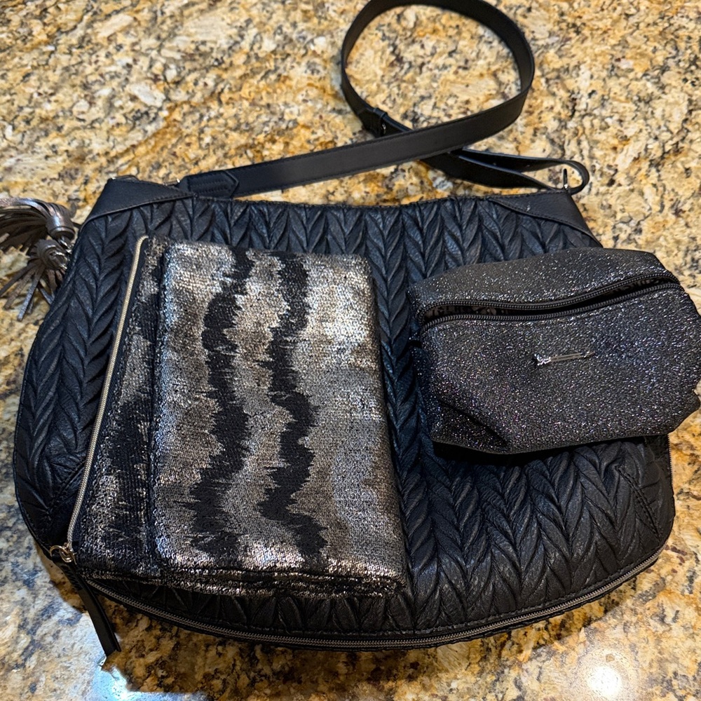 Stella & Dot Black Quilted Shoulder Bag Set bundle of purse, clutch & pouch.